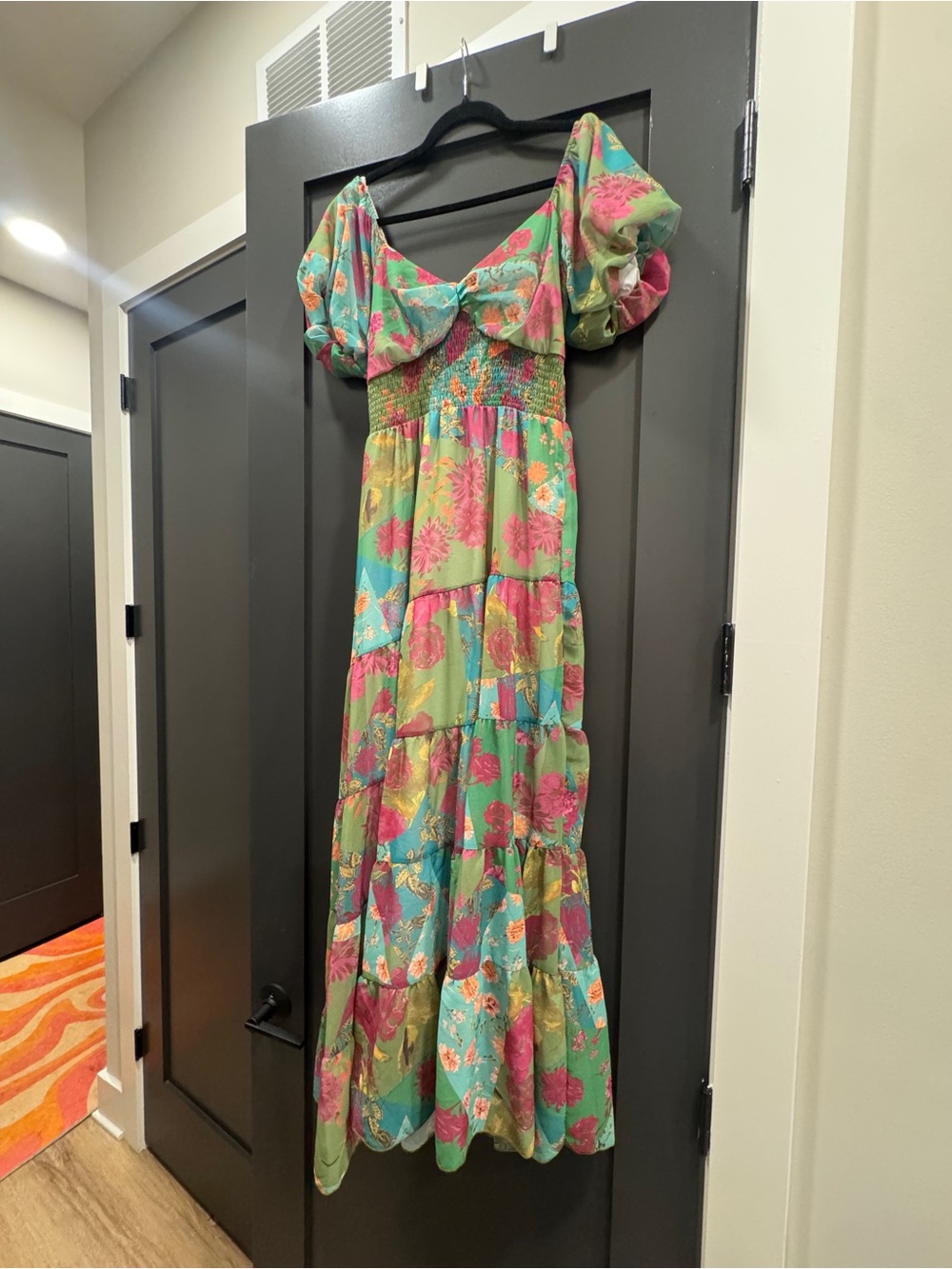 Floral Puff Sleeve Tiered Maxi Dress - Green & Pink